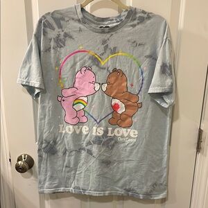 NWOT 2024 Care Bears Love is Love Tee - Light Blue and Grey tie-dye Medium/Large